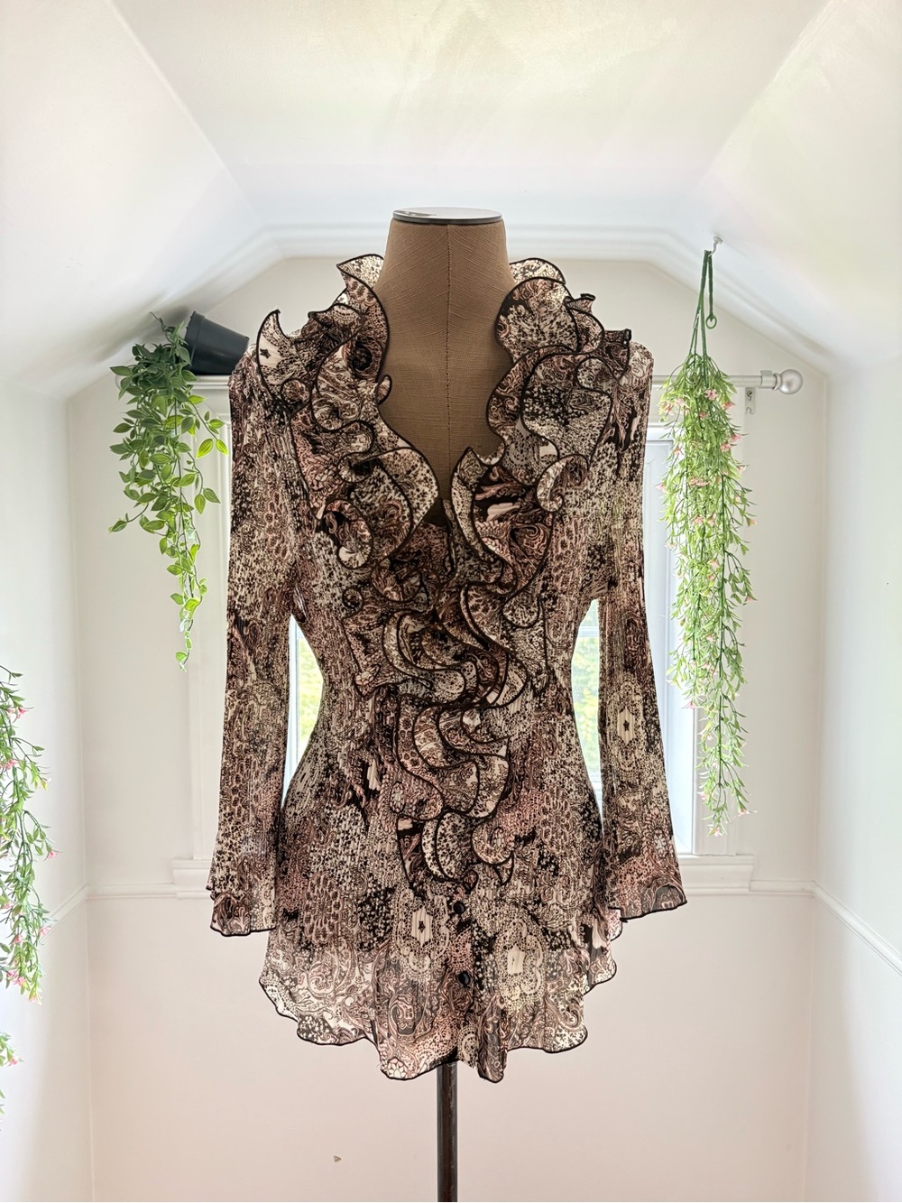 Charlies Brown Patterned Ruffle V-Neck Blouse